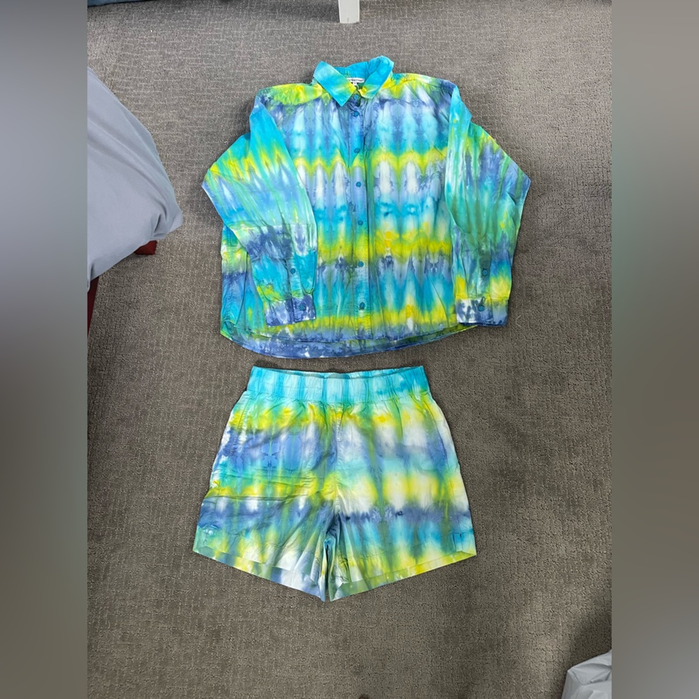 Cotton Citizen Santorini Shorts and Button down in Blue and Green Tie Dye